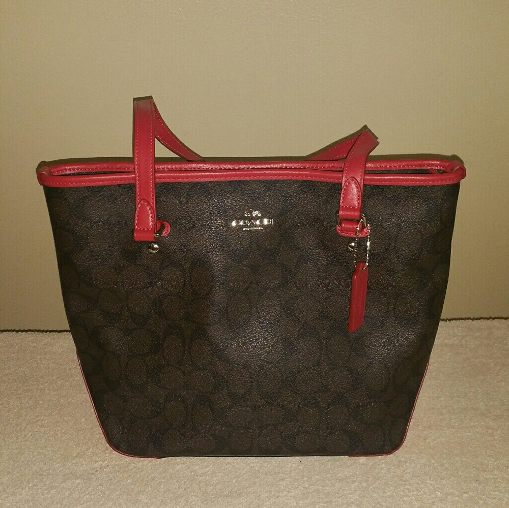 Coach purse brown with dark red trim